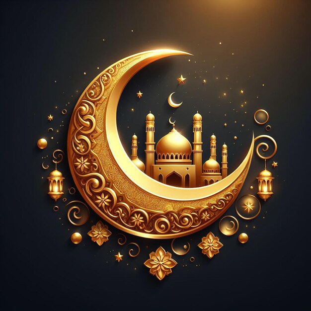 3D Ramadan Kareem Banner Ilustração Design Template ouro Crescente de luxo Lua Hojo islâmico