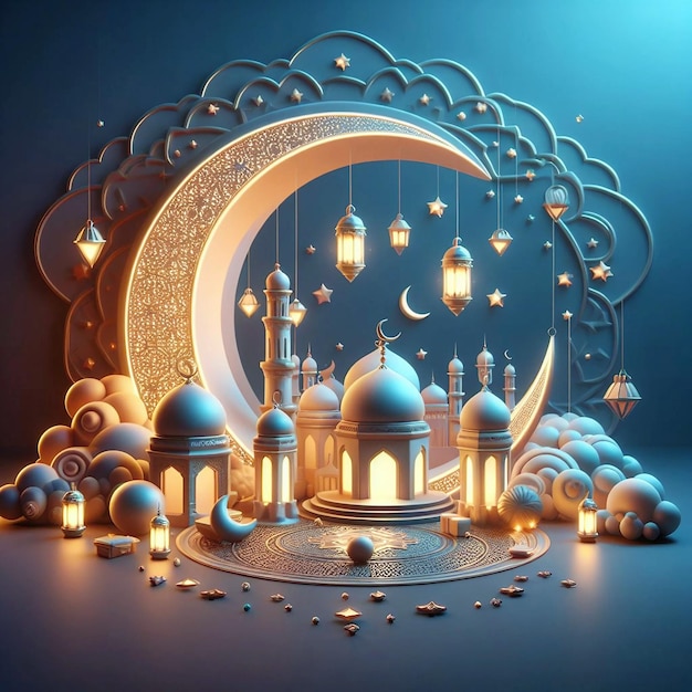 3d ramadan kareem com crescente e lanternas islâmicas Ai generative