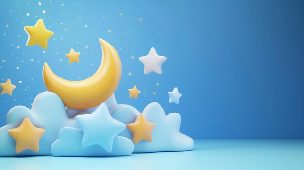 3d ramadan kareem desenho animado tema azul estrela lua brilhante espaço para copiar