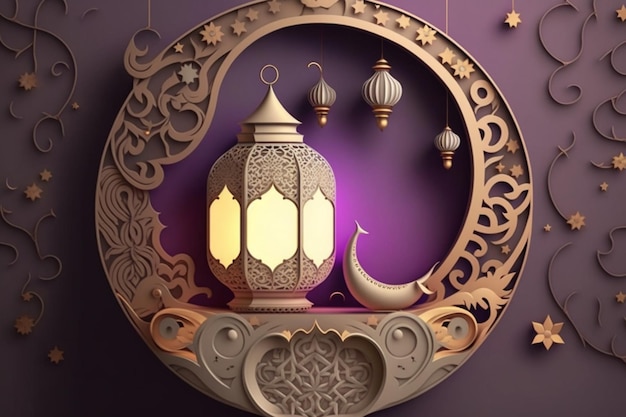 3D Ramadán Kareem diseño festivo y Eid Mubarak Fondo de pancarta islámica Celebre el mes sagrado de Ramadán en el fondo islámico 3d realista con linternas colgantes de media luna IA generativa