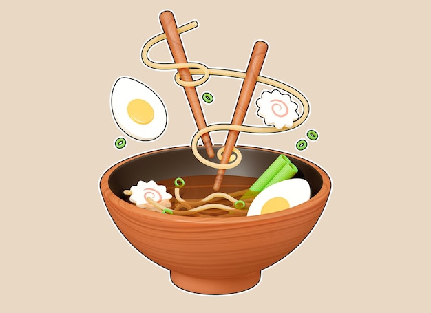 3D Ramen asiatische Nudelsuppe mit Essstäbchen Ei und Algen in Holzschale