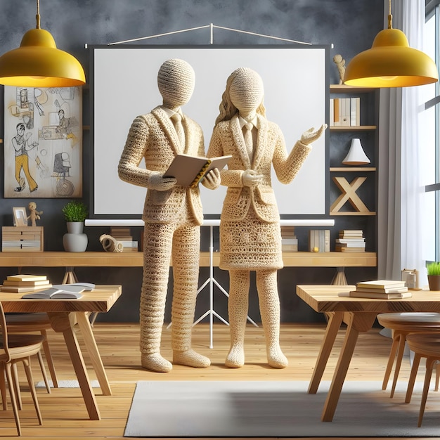 3D realista dois funcionários figuras de boneca de crochet está fazendo uma apresentação de negócios