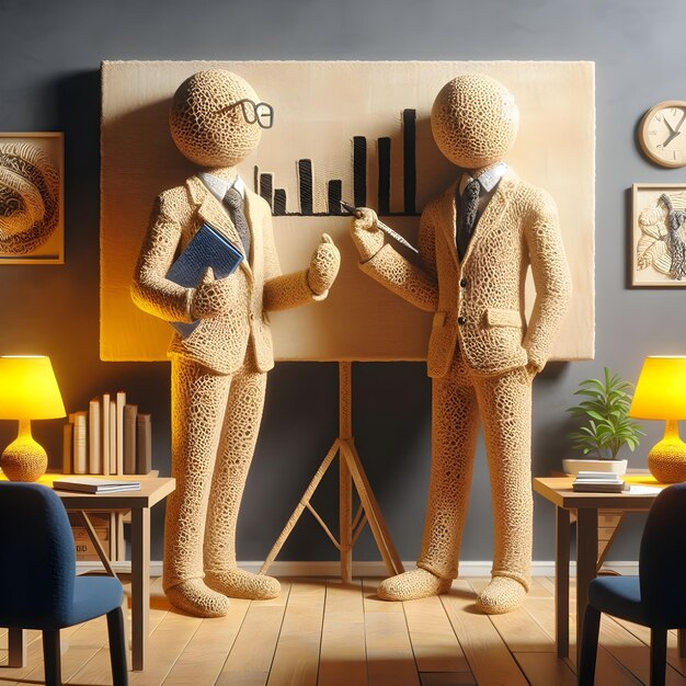 3D realista dos empleados figuras de muñecas de crochet está haciendo una presentación