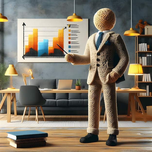 3D realista un empleado masculino figura de muñeca de crochet está haciendo una presentación