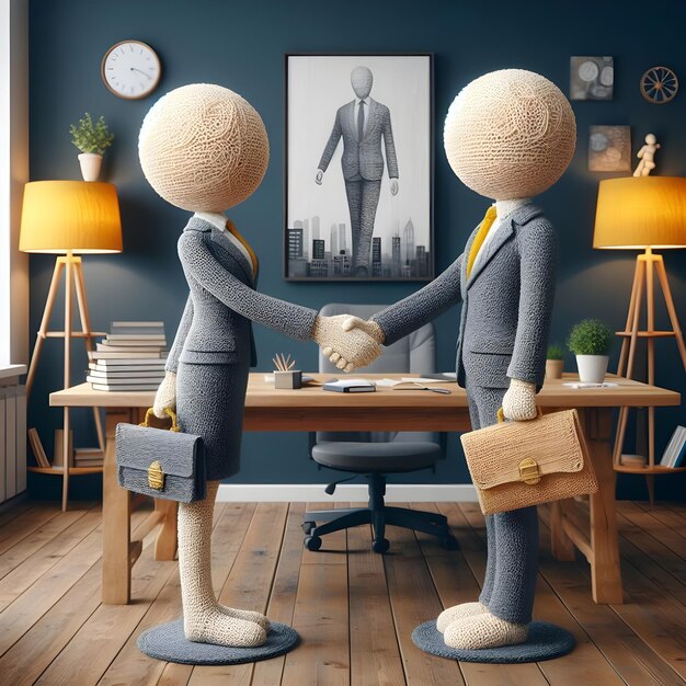 3D realista una muñeca de pareja de hombres de negocios figura de crochets estrechando la mano en el fondo de la habitación de la oficina