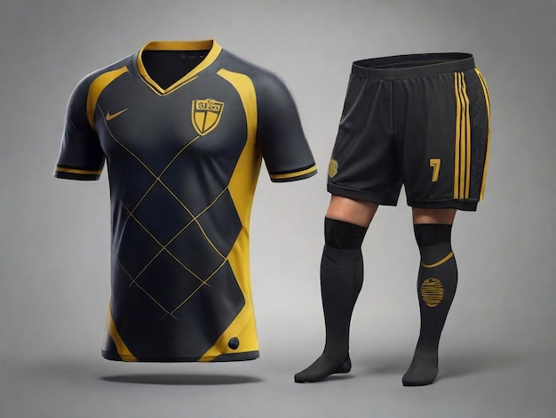 Foto 3d realista de la parte delantera y trasera de la camiseta de fútbol con pantalones y calcetines en el fondo de la tienda concepto para el uniforme del equipo de fútbol o la plantilla de maquillaje de ropa de fútbol en vector