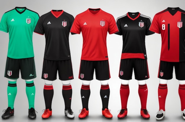 Foto 3d realista de la parte delantera y trasera de la camiseta de fútbol roja con pantalones y calcetines en el fondo de la tienda con