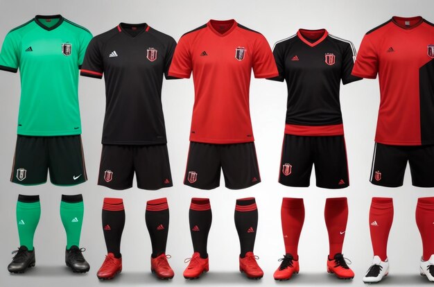 3D realista de la parte delantera y trasera de la camiseta de fútbol roja con pantalones y calcetines en el fondo de la tienda Con