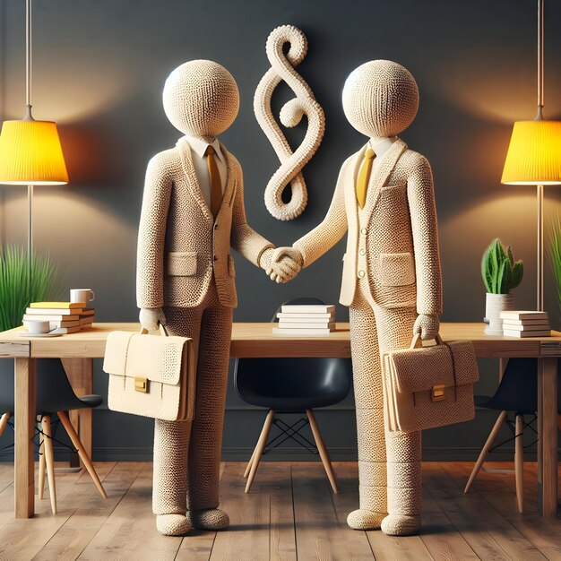 Foto 3d realista um casal de homens de negócios boneca figuras de crochet apertando as mãos no fundo da sala de escritório