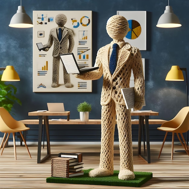3D realista um funcionário masculino Figura de boneca de crochet está fazendo uma apresentação