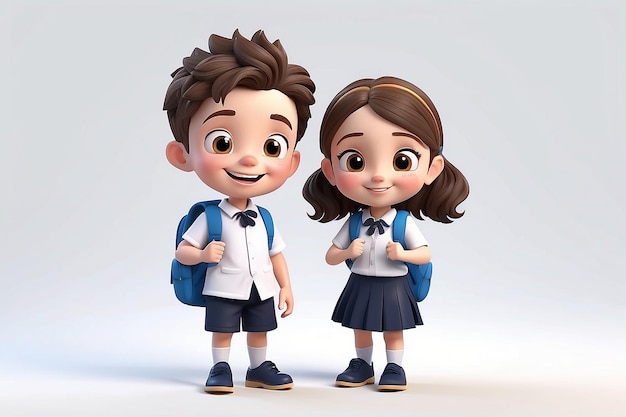 3D Realisticos Chicos y Chicas Estudiantes con Uniforme Escolar con Mochilera y Sonrisa Feliz en Ilustración Vectorial de Fondo Blanco