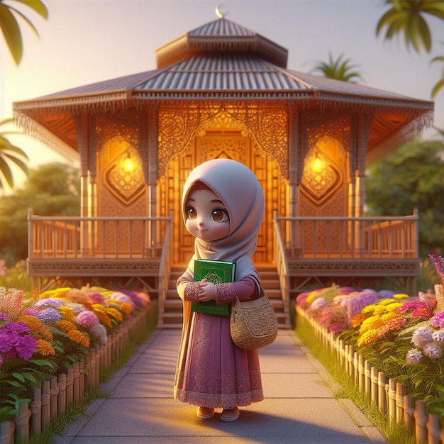 Foto 3d-realistische karikatur eines kleinen mädchens im hijab, das mit einem buch in die moschee geht