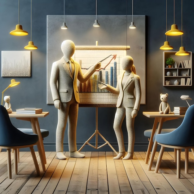3D-realistische Puppenfigur von zwei Angestellten, die eine Geschäftspräsentation macht