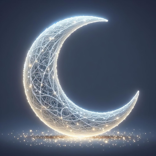 3D-realistischer Halbmond aus wunderschönen Lichtern mit Ramadan-Thema isoliert auf dem Hintergrund Gene