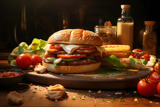 3D-realistisches Essensteller-Burger-KI-generiertes Bild