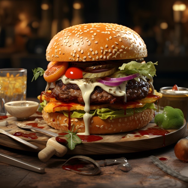 3D-realistisches Essensteller-Burger-KI-generiertes Bild