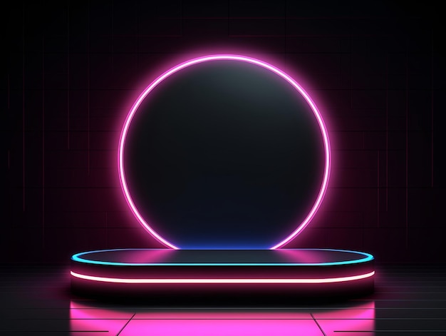 3D-realistisches leeres schwarzes Kreispodium mit Kreisen im Neon-Lichtschwarzen Hintergrund