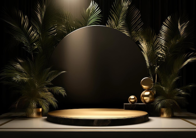 3D-realistisches schwarzes Podest auf schwarzem Hintergrund mit goldenen Elementen und Palmblättern Leerraum-Design Luxus-Mockup-Szene für Produkt AI Generative