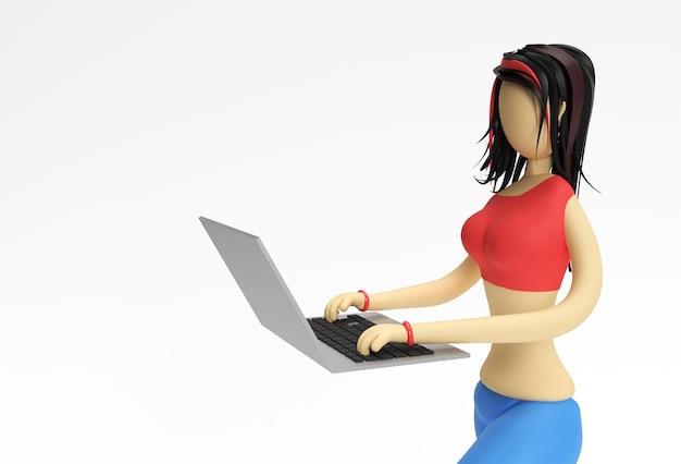 3d rendem a ilustração da linda garota trabalhando usando o laptop em um fundo branco.