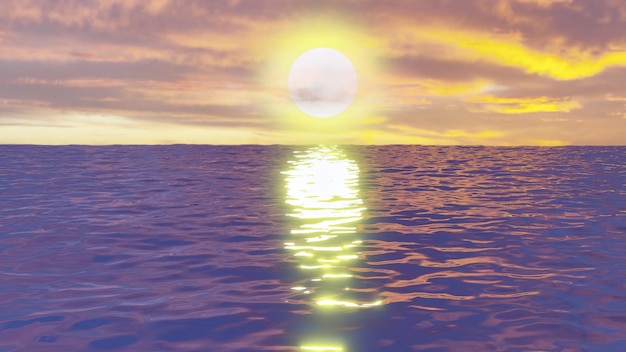 3D rendem a imagem do nascer do sol no mar com reflexo na água