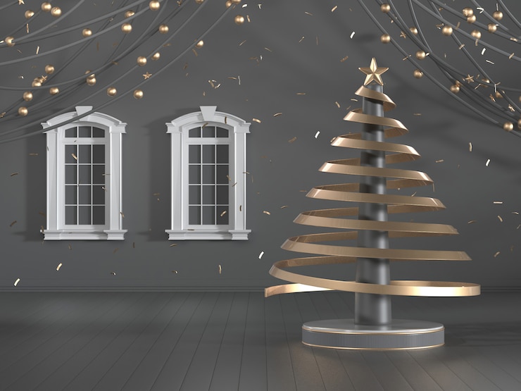 Foto 3d rendem a imagem do projeto da árvore de natal decoram no quarto preto luxuoso