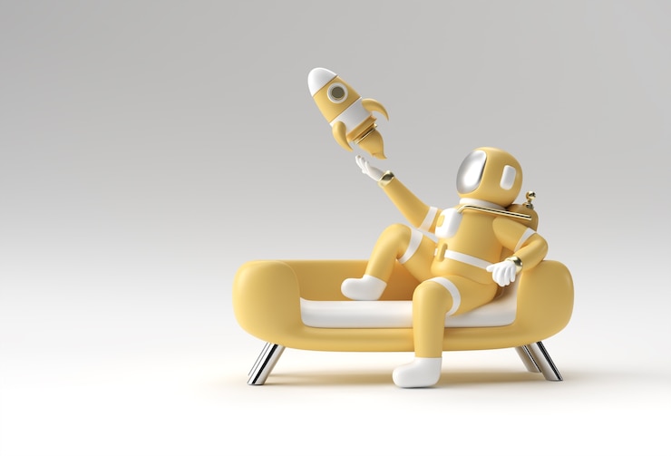 Foto 3d rendem astronauta astronauta sentado no sofá com design de ilustração 3d de foguete voador.