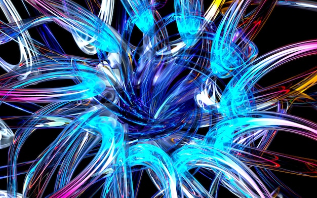 3d rendem da arte fundo 3d com parte da flor ou turbina abstrata com base em tubos de vidro de linhas redondas onduladas de curva com brilhantes no elemento de luz azul e verde de néon dentro no preto