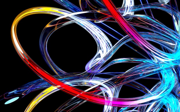 3d rendem da arte fundo 3d com parte da flor ou turbina abstrata com base em tubos de vidro de linhas redondas onduladas de curva com brilhantes no elemento de luz azul e verde de néon dentro no preto