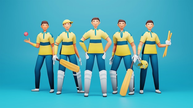 3D rendem da equipe de jogador de críquete da África do Sul com equipamento de torneio sobre fundo azul.