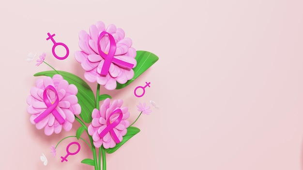 Foto 3d rendem de fitas-de-rosa cruzadas sobre flores, folhas, sinal de gênero feminino e espaço de cópia.