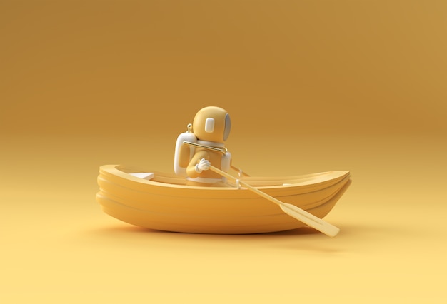 3d rendem de um astronauta divertido na ilustração 3d do barco.