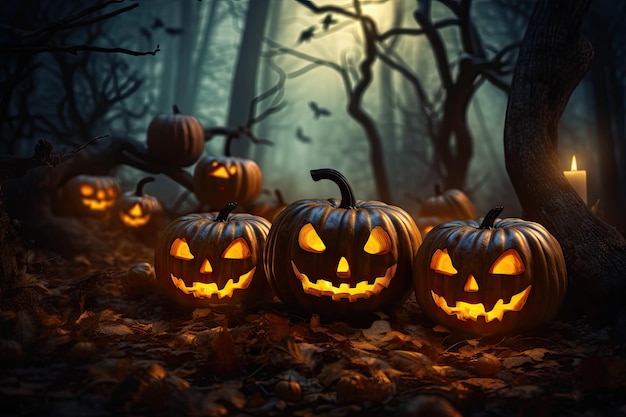 3D rendem de uma abóbora de Halloween em um fundo luzes do bokeh