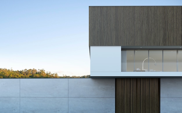 3D rendem de uma casa moderna com piscina no fundo da árvore.