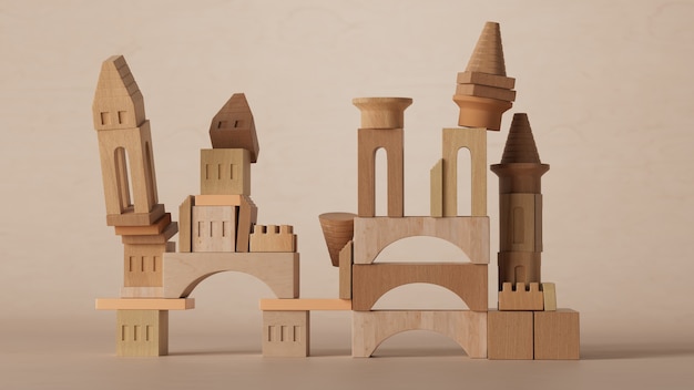 3d rendem do castelo abstrato. 3D render de blocos de brinquedo de madeira estruturados na figura do castelo.