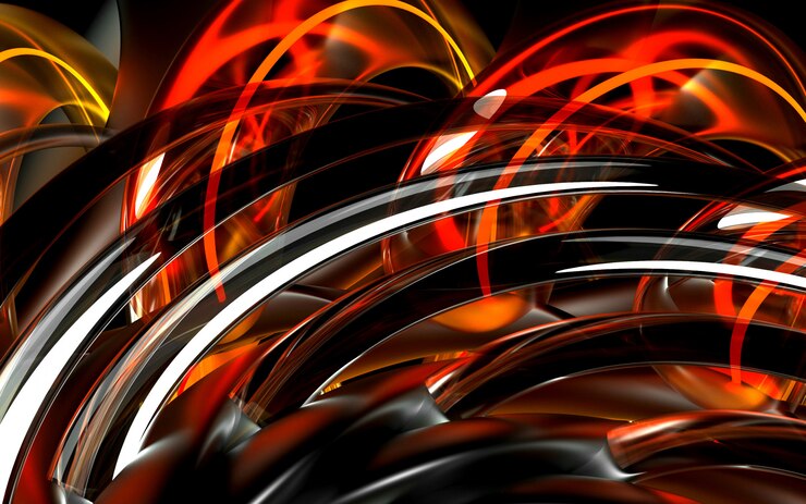 Foto 3d rendem do fundo da arte 3d com a parte da flor abstrata baseada nos elementos dos tubos ondulados da curva redonda nas peças de vidro com as linhas alaranjadas de néon para dentro
