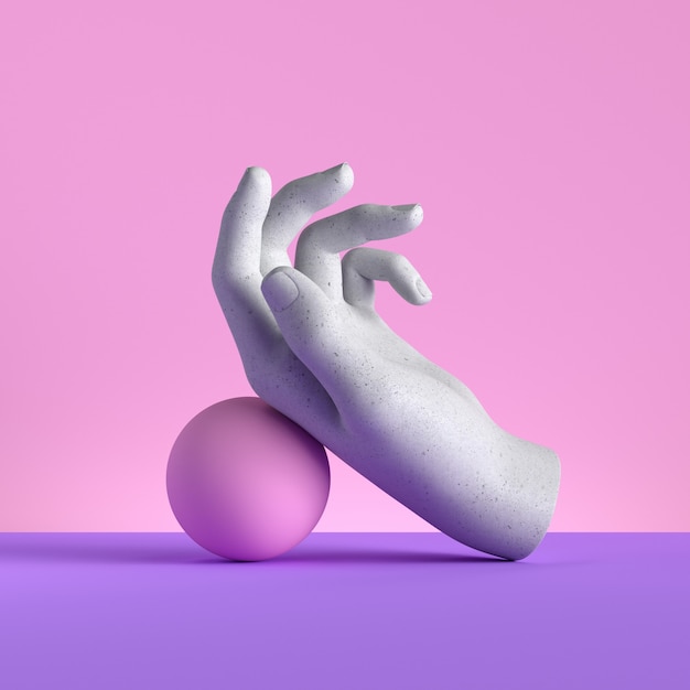 3d rendem, mão do manequim e bola, gesto relaxado, isolado no fundo cor-de-rosa, conceito mínimo da forma, projeto limpo simples. Prótese de membro