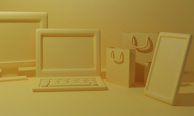 3d rendem o conceito em linha da compra com dispositivo e saco de compras. Renderização em 3d