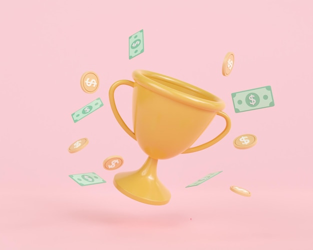 3d rendem o copo dourado do vencedor do troféu do negócio com fundo cor-de-rosa do dinheiro da moeda.