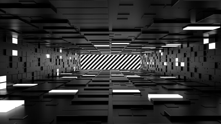 Foto 3d rendem o fundo abstrato. corredor longo. forma simples extrudada com polígonos quadrados aleatórios nas paredes. vários segmentos de parede são iluminados.