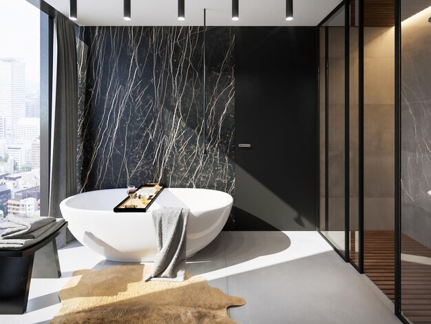3D rendem o interior do banheiro de luxo com grande banheira e decoração de parede de mármore preto