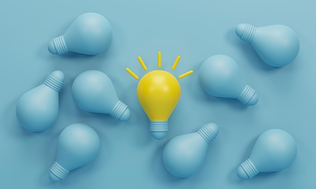 3d render 3d ilustración Bombilla de luz amarilla entre las bombillas otras sobre fondo de luz azul Conceptos de liderazgo innovación diferente idea creativa e individualidad