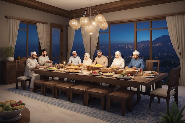 3d render 3d rendering sahur e iftar com a família