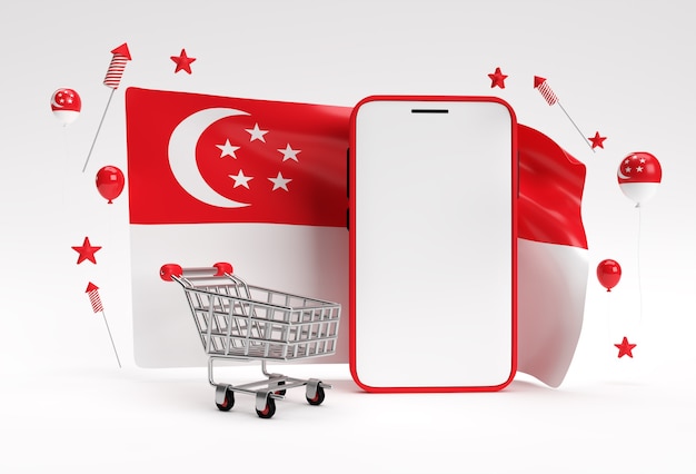 3D Render 9. Singapurs Unabhängigkeitstag Banner mit Einkaufswagen und Smartphone-Modell auf Singapur-Flagge.