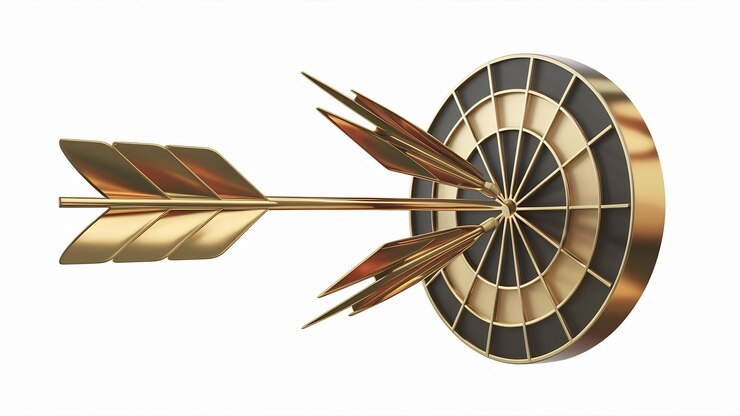 Foto 3d render a flecha dourada aponta para o dartboard isolado em fundo branco