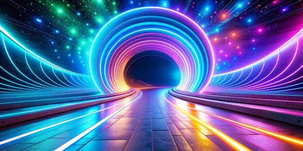 Foto 3d render abstract fundo de néon fantástico linhas coloridas de speedway fita curva de energia brilhante