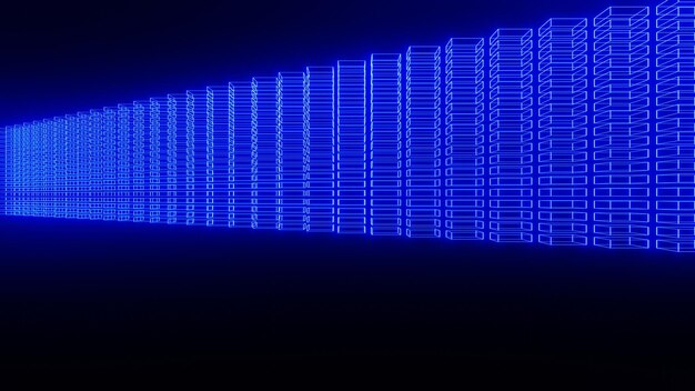 3D Render abstracto azul brillante, centro de datos, hosting, internet, fondo cibernético