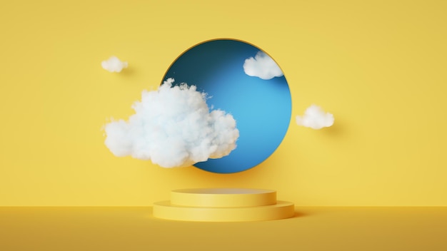 3d render abstracto fondo amarillo soleado con nubes blancas y agujero redondo azul