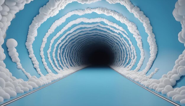 3d render abstracto fondo azul mínimo con nubes blancas volando fuera del túnel