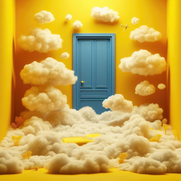 3d render abstracto fondo mínimo nubes blancas volando bajo la habitación amarilla