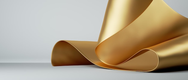 3d render abstracto fondo de moda con doblado cinta de oro rollo de papel macro papel de aluminio dorado